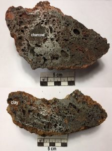 fig.1 Sezione trasversale di due scorie piano-convesse con inclusioni tipiche di carbone ed argilla bruciata (probabilmente staccato dalla forgia)